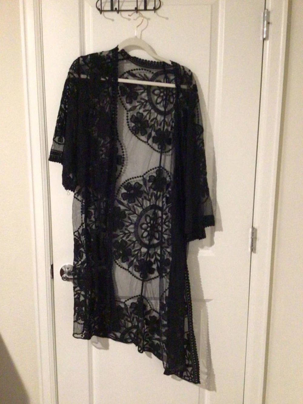 Black Sheer Lace Kimono Cardigan with Floral Pattern